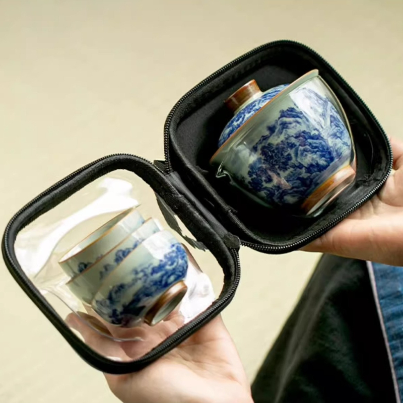 Korean Tea Set - ชุดน้ำชาพกพาแบบจีนโบราณ สีน้ำเงินขาวลายคราม ถ้วยชา 1 ใบ 2